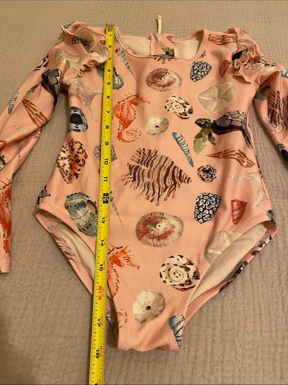 Pink Chicken Pink Seashell & Marine Print Long-Sleeve One-Piece Swimsuit. Size 7